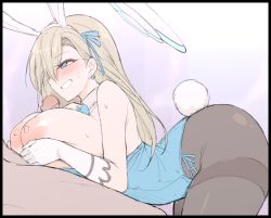 Rule 34 | animal ears, ass, asuna (blue archive), asuna (bunny) (blue archive), bare shoulders, between breasts, black pantyhose, blonde hair, blue archive, blue bow, blue eyes, blue leotard, bow, bowtie, breasts, clenched teeth, detached collar, earrings, fake animal ears, gloves, hair ornament, hair over one eye, hair ribbon, headband, huge breasts, jewelry, leotard, long hair, nipples, open mouth, paizuri, pantyhose, penis, playboy bunny, rabbit tail, ribbon, sweat, tail, teeth, thighs, traditional bowtie, waero, white gloves, white headband