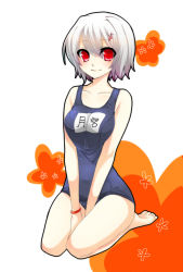 Rule 34 | 1girl, bad id, bad pixiv id, bare shoulders, barefoot, between thighs, breasts squeezed together, breasts, collarbone, hair ornament, hairclip, one-piece swimsuit, original, red eyes, school swimsuit, seiza, short hair, sitting, smile, solo, swimsuit, thighs, v arms, white hair, wristband, yutazou