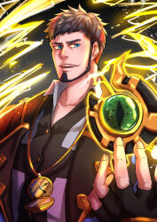 Rule 34 | 1boy, aa26748374, amulet, beard, blue eyes, clock, coat, collared shirt, facial hair, fingerless gloves, gem, gloves, glowing, gyee, highres, light particles, looking to the side, male focus, manly, master (gyee), mature male, open clothes, open coat, open mouth, shirt, short hair, solo, spiked hair, teeth, thunder, upper body