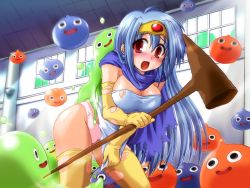 Rule 34 | 1girl, :d, :o, black eyes, blue hair, blue skin, blush, breasts, bubble slime, cape, chunsoft, circlet, cleavage, colored skin, dragon quest, dragon quest iii, dress, duplicate, elbow gloves, enix, game cg, gem, gloves, green skin, hair between eyes, holding, imminent rape, indoors, jumping, large breasts, leaning forward, long hair, monster, motion blur, no bra, non-web source, o o, open mouth, orange skin, panties, pink panties, red eyes, sage (dq3), shirt, short dress, sideboob, skirt, skirt tug, slime (dragon quest), she-slime, smile, splush wave, square enix, staff, standing, surprised, sweat, taut clothes, taut shirt, thighhighs, thighs, torn clothes, torn legwear, underwear, very long hair, weapon, window, yellow thighhighs