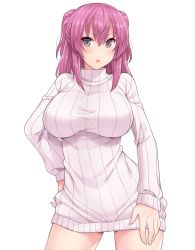 Rule 34 | &gt;:o, 1girl, :o, amane hasuhito, bad id, bad pixiv id, blush, borrowed character, breasts, cowboy shot, dress, grey eyes, half updo, hand on own hip, large breasts, long hair, long sleeves, looking at viewer, open mouth, original, pink hair, ribbed sweater, short dress, sidelocks, solo, sweater, sweater dress, v-shaped eyebrows, white background