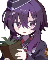 Rule 34 | 1girl, black hat, blue archive, flower pot, garrison cap, gil (gil 261), hair between eyes, hair ornament, hairclip, haruka (blue archive), hat, highres, holding, holding flower pot, long sleeves, looking at viewer, plant, potted plant, purple eyes, purple hair, simple background, solo, upper body, white background