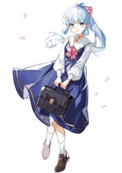 Rule 34 | 1girl, adapted costume, ayaka (genshin impact), bag, blue dress, blue eyes, blue hair, blunt bangs, bow, briefcase, brown footwear, casual, commentary request, contemporary, dress, full body, genshin impact, highres, holding, holding bag, kamisato ayaka, kamisato ayaka (gigo), kuunog, long hair, long sleeves, looking at viewer, neckerchief, open mouth, petals, pinafore dress, pink bow, pink neckerchief, ponytail, puffy sleeves, school bag, shoes, simple background, sleeveless dress, smile, socks, solo, tassel choker, white background, white socks