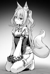 Rule 34 | 1girl, animal ear fluff, animal ears, bed sheet, blush, breasts, cleavage, commentary request, fox ears, fox girl, fox tail, frilled sleeves, frills, full body, garter belt, gradient background, grey background, greyscale, hair between eyes, highres, juliet sleeves, long hair, long sleeves, looking at viewer, medium breasts, monochrome, no shoes, original, panties, parted lips, puffy sleeves, sleeves past wrists, solo, tail, thighhighs, two side up, underwear, very long hair, white background, yuzu modoki