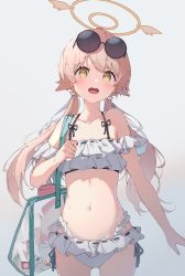 Rule 34 | 1girl, bag, bikini, blue archive, blush, breasts, cleavage, collarbone, commentary request, frilled bikini, frills, fujimaki nora, grey background, halo, hifumi (blue archive), hifumi (swimsuit) (blue archive), light brown hair, looking at viewer, low twintails, navel, off-shoulder bikini, off shoulder, open clothes, open mouth, simple background, small breasts, solo, swimsuit, twintails, white bikini, yellow eyes