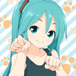 Rule 34 | 1girl, aqua eyes, aqua hair, bare shoulders, black one-piece swimsuit, blue background, blush, claw pose, collarbone, commentary, hair between eyes, hair ornament, hatsune miku, head tilt, light blush, long hair, looking at viewer, one-piece swimsuit, parted bangs, paw print, paw print background, school swimsuit, smile, solo, soukun s, striped, striped background, swept bangs, swimsuit, twintails, upper body, very long hair, vocaloid, lat model (mikumikudance), white background