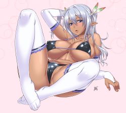 Rule 34 | 1girl, 212 (kisaragi), arm behind head, arm up, bad id, bad pixiv id, bare shoulders, bikini, black bikini, blue eyes, blush, breasts, bridal gauntlets, cameltoe, collarbone, covered erect nipples, dark-skinned female, dark skin, elbow gloves, elf, feather hair ornament, feathers, feet, female pubic hair, gloves, hair ornament, highres, large breasts, lips, looking at viewer, lying, no shoes, on back, original, parted lips, pointy ears, pubic hair, signature, silver hair, solo, spread legs, swimsuit, thighhighs, two side up, white gloves, white thighhighs