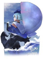 Rule 34 | 1boy, absurdres, arknights, black collar, black gloves, black pantyhose, black shorts, blue hair, blue headwear, blue jacket, border, character name, cloud, cloudy sky, collar, elbow gloves, from behind, gloves, highres, holding, holding umbrella, infection monitor (arknights), jacket, male focus, mizuki (arknights), mkrk mikaerukung, outdoors, outside border, pantyhose, pantyhose under shorts, rain, shorts, sky, solo, tentacles, trap, twitter username, two-tone gloves, umbrella, wading, water, white border, white gloves
