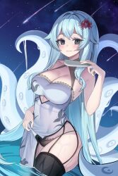 Rule 34 | 1girl, absurdres, black eyes, blue hair, blush, breasts, character request, china dress, chinese clothes, cleavage, copyright request, dress, flower, folding fan, garter straps, hair flower, hair ornament, halter dress, halterneck, hand fan, highres, holding, holding fan, large breasts, long hair, night, night sky, panties, ripples, shooting star, side slit, skirt hold, sky, smile, solo, spider lily, star (sky), suisen (suisenhwa), tentacles, thighhighs, underwear, very long hair, wading, water