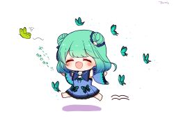 Rule 34 | 0725akaba, 1girl, bare shoulders, barefoot, blue dress, blue hair, blue sleeves, bug, butterfly, chibi, colored shadow, commentary request, detached sleeves, double bun, dress, frilled dress, frills, gradient hair, green hair, hair bun, highres, hololive, insect, long sleeves, multicolored hair, running, shadow, signature, simple background, solo, translation request, uruha rushia, uruha rushia (1st costume), virtual youtuber, white background, wide sleeves