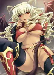 Rule 34 | 1girl, absurdres, blonde hair, breasts, cleavage, convenient censoring, copyright request, demon girl, covered erect nipples, highres, horns, huge filesize, large breasts, long hair, pointy ears, red eyes, saeki hokuto, solo, tail, thighhighs, underboob, wings