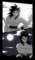 Rule 34 | 2boys, abs, blue eyes, commentary request, crossed arms, dragon ball, dragon ball gt, frown, full moon, greyscale, hand on own hip, highres, large pectorals, male focus, monkey tail, monochrome, moon, multiple boys, muscular, muscular male, naraku (zg8w5), pectorals, smile, son goku, spot color, sun, super saiyan, super saiyan 4, tail, vegeta, wristband, yellow eyes