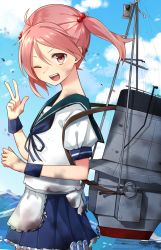 Rule 34 | 1girl, apron, bad id, bad pixiv id, blue neckerchief, blue sailor collar, blue skirt, commentary request, flat chest, frilled apron, frilled skirt, frills, hair bobbles, hair ornament, highres, kantai collection, katsuobushi (eba games), looking at viewer, machinery, neckerchief, ocean, one eye closed, open mouth, pink eyes, pink hair, pleated skirt, puffy short sleeves, puffy sleeves, rigging, sailor collar, sazanami (kancolle), sazanami kai (kancolle), school uniform, serafuku, short hair, short sleeves, skirt, smile, solo, twintails, v, waist apron, white apron