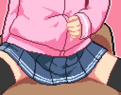 Rule 34 | 1boy, 1girl, age difference, animated, animated gif, black thighhighs, clothed sex, girl on top, grinding, lowres, original, pixel art, pleated skirt, pussy juice, qswan, sex, skirt, stomach bulge, thighhighs, trembling, v, vaginal, zettai ryouiki