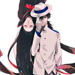 Rule 34 | 1boy, 1girl, absurdres, adjusting clothes, adjusting headwear, bad id, bad pixiv id, black hair, commentary request, dress, fate (series), floating, gloves, hand in pocket, hat, highres, kusama, long hair, long scarf, looking at viewer, oryou (fate), red eyes, sailor dress, sakamoto ryouma (fate), scarf, upside-down, very long hair, white gloves, white hat
