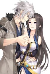 Rule 34 | 1boy, 1girl, arm around waist, bare shoulders, belt, black gloves, grabbing another&#039;s breast, breasts, brown hair, cleavage, clothes lift, coat, cowboy shot, crow armbrust, dress, earrings, eiyuu densetsu, elbow gloves, falcom, feather trim, gloves, grabbing, groping, hakuleg, hetero, jewelry, long hair, looking at another, medium breasts, midriff, mole, mole under eye, necklace, one breast out, open mouth, pants, purple eyes, red eyes, sen no kiseki, shirt lift, short hair, silver hair, smile, spiked hair, standing, straight hair, vita clotilde, white dress