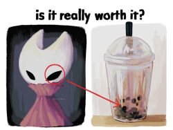 Rule 34 | 1girl, alicezakat, arrow (symbol), arthropod girl, artist name, black eyes, blank eyes, border, bubble tea, cloak, cup, disposable cup, drink, drinking straw, english text, female focus, high collar, highres, hollow knight, hornet (hollow knight), is it really worth it (meme), meme, red cloak, solo, standing, twitter username, watermark, white border