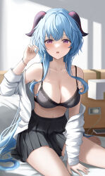 Rule 34 | 1girl, absurdres, alternate costume, bare shoulders, barefoot, black bra, black skirt, blue hair, bra, breasts, charging device, cleavage, ganyu (genshin impact), genshin impact, goat horns, hand up, highres, hini ni, holding, holding own hair, horns, large breasts, long hair, long sleeves, looking at viewer, navel, open clothes, open mouth, open shirt, purple eyes, shirt, sidelocks, sitting, skirt, solo, thighs, toes, underwear, white shirt, wristband