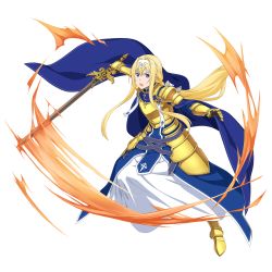 Rule 34 | 1girl, alice zuberg, armor, armored boots, armored dress, blonde hair, blue cape, blue eyes, boots, bow, breastplate, cape, faulds, floating hair, full body, gauntlets, hair between eyes, hair bow, hairband, highres, holding, holding sword, holding weapon, long hair, official art, open mouth, outstretched arms, ponytail, sidelocks, solo, standing, sword, sword art online, sword art online: code register, transparent background, very long hair, weapon, white background, white bow, white hairband, yellow footwear
