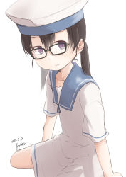 Rule 34 | 1girl, absurdres, bespectacled, black hair, blue collar, collar, dated, dress, fyuo, glasses, hat, highres, kantai collection, one-hour drawing challenge, purple eyes, sailor dress, sailor hat, short hair, short sleeves, shounan (kancolle), signature, simple background, solo, twintails, white background, white dress, white hat, white legwear