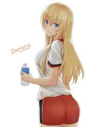 Rule 34 | 10s, 1girl, aemu (august life), ass, bike shorts, bismarck (kancolle), blonde hair, blue eyes, bottle, breasts, character name, female focus, from behind, gym uniform, highres, kantai collection, large breasts, long hair, looking back, no headwear, no headwear, smile, solo, water bottle
