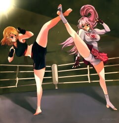 Rule 34 | 2girls, artist request, bike shorts, blonde hair, blue eyes, boxing ring, breasts, catfight, commission, feet, fighting, fingerless gloves, from side, gloves, kneepits, large breasts, legs, long hair, looking at another, martial arts, medium hair, multiple girls, navel, no shoes, original, pink hair, rash guard, red skirt, shirt, skirt, soles, standing, standing on one leg, stirrup footwear, stirrup legwear, thighs, toeless footwear, toeless legwear, toes, upskirt, white shirt