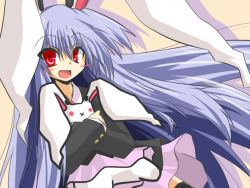 Rule 34 | 1girl, :x, animal ears, black thighhighs, blush, doll, female focus, goma (gomasamune), long hair, long sleeves, open mouth, rabbit, rabbit ears, red eyes, reisen udongein inaba, solo, thighhighs, touhou, very long hair