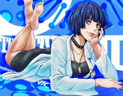 Rule 34 | 10s, 1girl, absurdres, barefoot, blue hair, brown eyes, choker, english text, feet, hand on own face, highres, jewelry, lab coat, looking at viewer, lying, makeup, nail polish, necklace, on stomach, pen, persona, persona 5, short hair, smile, soles, solo, takemi tae, the pose, toes