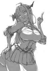 Rule 34 | 1girl, ahoge, blunt bangs, bow, braid, breasts, brooch, censored, censored gesture, cleavage, cleavage cutout, clothing cutout, collared shirt, cowboy shot, diagonal-striped bow, dragon girl, dragon horns, dragon tail, fake censor, fangs, greyscale, hair ornament, hairband, hand on own hip, hand up, highres, hololive, horn bow, horn ornament, horns, jacket, jewelry, kiryu coco, kiryu coco (1st costume), large breasts, long hair, looking at viewer, middle finger, miniskirt, monochrome, mosaic censoring, not nodu, one eye closed, open mouth, pleated skirt, pointy ears, scales, shirt, simple background, single braid, sketch, skin fangs, skirt, solo, striped, striped bow, tail, tongue, tongue out, virtual youtuber, white background, wings