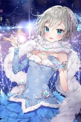 Rule 34 | 10s, 1girl, anastasia (idolmaster), arm warmers, blue eyes, blue gloves, blue skirt, blush, breasts, fur trim, gloves, hand on own chest, hands up, idolmaster, idolmaster cinderella girls, liby (libtnvd), open mouth, shawl, short hair, silver hair, single glove, skirt, small breasts, smile, solo