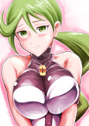Rule 34 | 1girl, blush, breasts, cleavage, closed mouth, creatures (company), game freak, green hair, hair between eyes, highres, large breasts, long hair, looking at viewer, mitsumi (pokemon), nintendo, pokemon, pokemon dp (manga), ponytail, solo, team galactic, team galactic uniform, uniform