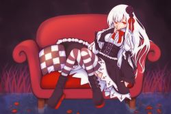 1girl azur_lane black_flower black_footwear black_rose black_skirt boots bow breasts center_frills commentary_request couch erebus_(azur_lane) female_focus flower frills hair_between_eyes hair_flower hair_ornament hand_up high-waist_skirt long_hair long_sleeves medium_breasts on_couch pillow red_bow red_eyes rose sakurato_ototo_shizuku shirt skirt sleeves_past_wrists solo striped_clothes striped_thighhighs thighhighs very_long_hair water white_hair white_shirt wide_sleeves