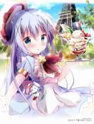 Rule 34 | 10s, 1girl, :o, apron, beret, blue eyes, blue hair, blue shirt, blue skirt, blue sky, blush, bow, charm (object), cloud, commentary request, day, eiffel tower, french flag, frilled skirt, frills, gochuumon wa usagi desu ka?, hair between eyes, hair ornament, hat, holding, holding tray, kafuu chino, kirakira precure a la mode, long hair, looking at viewer, looking to the side, minase inori, outdoors, outstretched arm, parfait, parted lips, precure, puffy short sleeves, puffy sleeves, red bow, shirt, short sleeves, skirt, sky, solo, stuffed animal, stuffed rabbit, stuffed toy, toramachisu na, tray, very long hair, voice actor connection, waist apron, white apron, white hat, x hair ornament