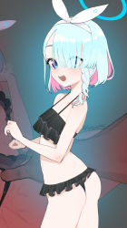 Rule 34 | 1boy, 1girl, arona (blue archive), ass, beijuu, bikini, bikini bottom aside, black bikini, blue archive, blue eyes, blue hair, braid, clothing aside, frilled bikini, frills, hair over one eye, hairband, halo, hetero, highres, looking at viewer, open mouth, pink hair, short hair, swimsuit, teeth, upper teeth only, white hairband
