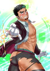 Rule 34 | 1boy, abs, ass, bandaid, bandaid on face, bandaid on nose, bara, bare pectorals, black hair, cowboy shot, dark-skinned male, dark skin, facial hair, formal, from behind, goatee, green hair, incoming attack, jewelry, kyoichi (active agent) (live a hero), kyoichi (live a hero), large pectorals, live a hero, magatama, magatama necklace, male focus, muscular, muscular male, necklace, nipples, no male underwear, official alternate costume, pants, partially unbuttoned, pectorals, pikako182, shiny skin, shirt, short hair, sideburns, skindentation, solo, thick thighs, thighs, tight clothes, tight pants, torn clothes, torn pants, torn shirt