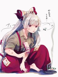 Rule 34 | 1girl, anger vein, angry, barefoot, blunt bangs, bow, brown shirt, bug, bug bite, collared shirt, flying, fujiwara no mokou, hair bow, highres, hime cut, holding, incense, insect, knee up, long hair, long sleeves, looking at viewer, mokoiscat, mosquito, pants, parted lips, red eyes, red pants, shirt, signature, sitting, sleeves rolled up, smoke, solo, sweat, touhou, white background, white hair