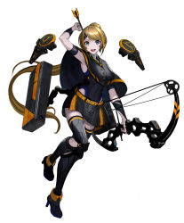 Rule 34 | 1girl, absurdres, android, ankle boots, armpits, arrow (projectile), asagon007, blonde hair, boots, bow (weapon), gloves, green eyes, high heel boots, high heels, highres, holding, holding arrow, holding bow (weapon), holding weapon, long hair, open mouth, original, ponytail, science fiction, simple background, solo, tattoo, weapon, white background