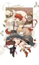 Rule 34 | 2boys, black socks, cat boy, child, christmas present, christmas tree, christmas wreath, commentary, dated commentary, dog boy, english text, from above, gift, heart, kemonomimi mode, looking at viewer, lying, male focus, multiple boys, on floor, on side, one eye closed, open mouth, original, red socks, scarf, seuga, shorts, sleeping, snow globe, socks, symbol-only commentary, translation request, ugly sweater, waking up, wooden floor, wreath