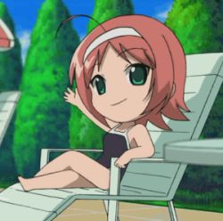 Rule 34 | 00s, 1girl, :d, ahoge, akane maniax, animated, animated gif, chibi, competition school swimsuit, green eyes, hairband, kimi ga nozomu eien, crossed legs, lowres, one-piece swimsuit, open mouth, red hair, school swimsuit, screencap, short hair, sitting, smile, solo, suzumiya akane, swimsuit, talking, waving