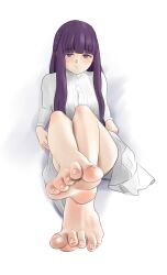 Rule 34 | 1girl, absurdres, bare legs, barefoot, blunt bangs, buttons, closed mouth, crossed ankles, dress, feet, feet up, female focus, fern (sousou no frieren), foot focus, full body, highres, long hair, long sleeves, looking at viewer, purple eyes, purple hair, shirow (mha03133), sidelocks, solo, sousou no frieren, thighs, toenails, toes, white dress