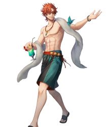 Rule 34 | 1boy, abs, argon (exys), belt, drink, fire emblem, fire emblem: three houses, fire emblem heroes, flower, food, full body, highres, ice cream, jewelry, male focus, navel, necklace, nintendo, official art, orange hair, sandals, topless male, solo, sunglasses, swimsuit, sylvain jose gautier, towel, transparent background