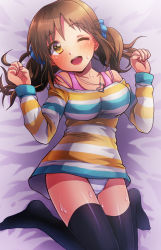 Rule 34 | 10s, 1girl, 81 (mellowry), :d, bare shoulders, bed, black thighhighs, blush, breasts, brown eyes, brown hair, commentary request, hair ornament, heart, heart necklace, idolmaster, idolmaster cinderella girls, jewelry, large breasts, long sleeves, looking at viewer, lying, necklace, on back, one eye closed, open mouth, panties, pantyshot, smile, solo, strap slip, striped clothes, striped sweater, sweater, thighhighs, totoki airi, twintails, underwear, wink