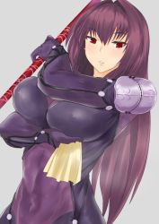 Rule 34 | 1girl, armor, blush, bodysuit, breast hold, breasts, commentary request, covered navel, fate/grand order, fate (series), gachou, gae bolg (fate), grey background, hair between eyes, hair intakes, handkerchief, holding, holding weapon, large breasts, long hair, looking at viewer, parted lips, pauldrons, polearm, purple bodysuit, purple hair, red eyes, scathach (fate), shoulder armor, simple background, solo, spear, sweat, weapon