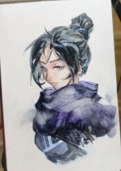 Rule 34 | absurdres, animification, apex legends, black bodysuit, black hair, black scarf, blue eyes, bodysuit, chinese commentary, chongmingggg, hair behind ear, hair bun, highres, light smile, looking at viewer, nose piercing, painting (medium), parted bangs, photo (medium), piercing, portrait, scarf, single hair bun, smile, solo, traditional media, watercolor (medium), white background, wraith (apex legends)