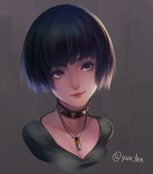 Rule 34 | 10s, 1girl, artist name, blue hair, bowl cut, breasts, brown eyes, choker, cleavage, collar, highres, jewelry, medium breasts, necklace, persona, persona 5, portrait, short hair, simple background, solo, studded collar, takemi tae, yuuten
