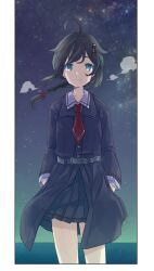 Rule 34 | 1girl, black hair, black skirt, blue eyes, border, braid, closed mouth, commentary request, hair flaps, hair ornament, hands in pockets, kantai collection, kobayashi kabura, long sleeves, looking at viewer, night, night sky, outdoors, pleated skirt, shigure (kancolle), shigure kai ni (kancolle), single braid, skirt, sky, solo, star (sky), starry sky