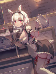 Rule 34 | 1girl, absurdres, animal ears, apron, azur lane, black dress, blush, breasts, cake, choker, coffee, collarbone, commentary request, dress, food, frilled apron, frilled choker, frilled dress, frills, hair between eyes, hairband, highres, lace-trimmed hairband, lace trim, large breasts, looking at viewer, maid, maid apron, maid headdress, photoshop (medium), puffy sleeves, rabbit girl, rabbit tail, red eyes, revision, seemu (wnslqjdignv ), short hair, short sleeves, sirius (azur lane), solo, tail, thighhighs, tray, waitress, white apron, white dress, white hair, white thighhighs
