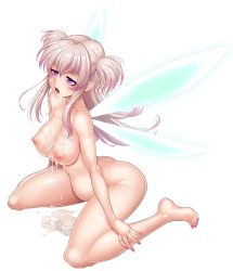 Rule 34 | 1girl, ahegao, ass, barefoot, breasts, cum, cum in mouth, cum inflation, cum on body, cum on breasts, cum on upper body, cumdrip, curvy, facial, fairy, fairy wings, female focus, hair between eyes, highres, huge ass, inflation, jewelry, large breasts, leotard, lilith-soft, long hair, mini person, minigirl, nail polish, nipples, nude, open mouth, pink nails, pointy ears, purple eyes, shiny skin, silver hair, simple background, sitting, solo, stomach bulge, sweat, taimanin (series), taimanin asagi, taimanin asagi kessen arena, thighs, till (taimanin asagi), torogao, wariza, wings, zol
