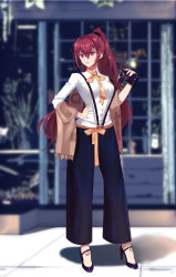 Rule 34 | 1girl, absurdres, alternate costume, bag, buttons, collared shirt, dress shirt, unworn eyewear, fate/grand order, fate (series), handbag, high heels, highres, holding, holding removed eyewear, long hair, long sleeves, looking to the side, mabuxi, necktie, outdoors, pants, parted lips, ponytail, scathach (fate), shawl, shirt, sidewalk, solo, sunglasses, sunglasses removed, suspenders, white shirt, window