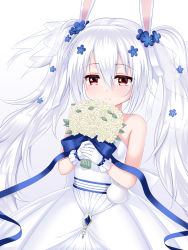 Rule 34 | 1girl, animal ears, azur lane, bare shoulders, blue bow, blue flower, blush, bouquet, bow, closed mouth, commentary request, dress, flower, gloves, gradient background, grey background, hair between eyes, hair flower, hair ornament, hair ribbon, highres, holding, holding bouquet, laffey (azur lane), laffey (white rabbit&#039;s oath) (azur lane), long hair, rabbit ears, red eyes, ribbon, rose, see-through, smile, solo, strapless, strapless dress, twintails, u2 (5798239), very long hair, wedding dress, white background, white dress, white flower, white gloves, white hair, white rose